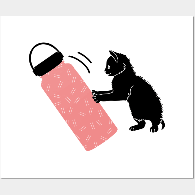 Black kitten and pink water bottle Wall Art by Wlaurence